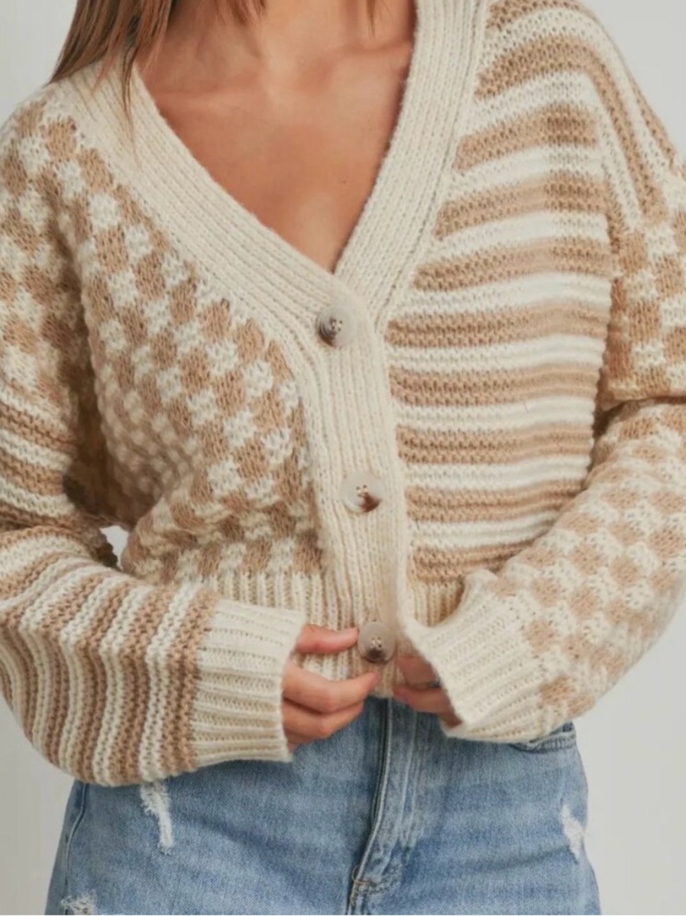 New comfy striped checkered chunky cardigan sweater